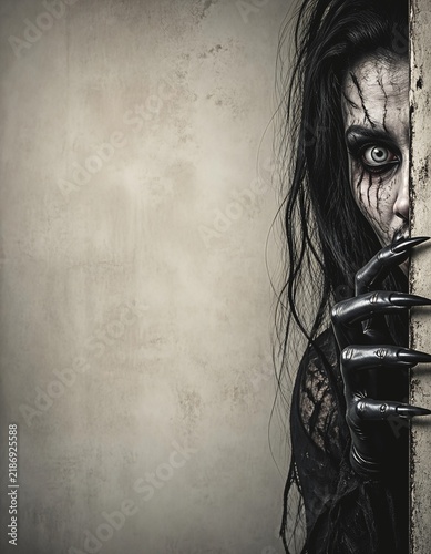 Terrifying Halloween Woman Peeking with Scary Eye Makeup and Long Nails