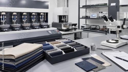 Fabric testing setup in a laboratory for material analysis, featuring various textile samples and scientific equipment for quality assessment and research