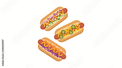 Three gourmet hot dogs with assorted toppings on white background