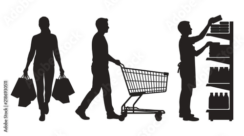 Shopping silhouettes: shopper, cart, and shelf stocking