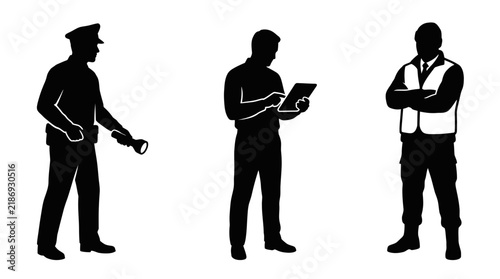 Security Personnel Silhouettes: Guard with Flashlight, Officer with Tablet, and Guard