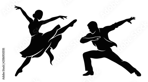 Silhouette ballet dancers performing a graceful pose on transparent background