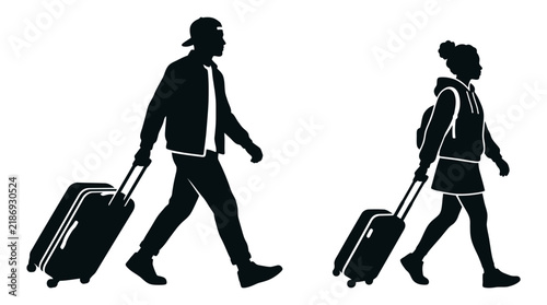 Silhouette couple with luggage walking, isolated on transparent background