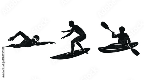 Silhouette Icons: Swimming, Surfing, Kayaking - Water Sports Set