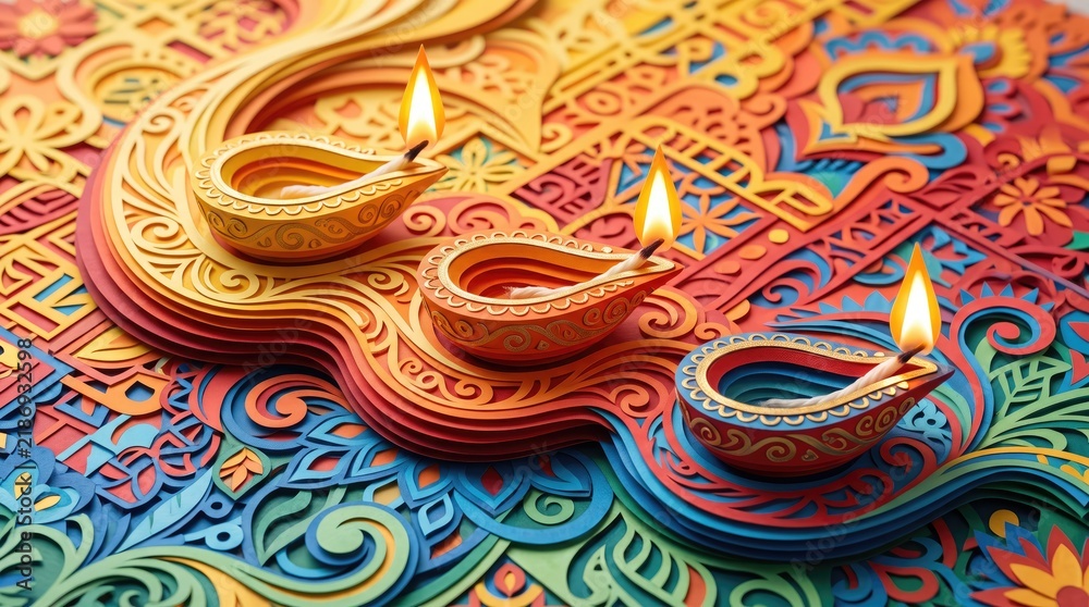 Naklejka premium Colorful diwali lamps arranged on a vibrant textile background celebrating the festival of lights and indian culture