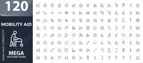 Mobility aid and Senior Assistance Outline Icons Set with Mobility, Walking Cane, Nursing, Health, Disability, Volunteer Support, Patient Care and Community Service Vector Collection.