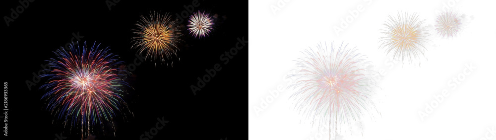 Fototapeta premium Colorful fireworks display in the night sky, vibrant pyrotechnic explosions with bright trails of light for festive celebrations and holiday events isolated on transparent background