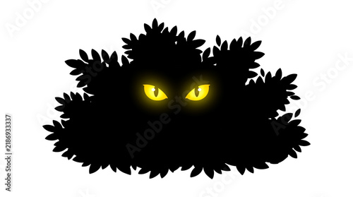 Mysterious Glowing Yellow Eyes in Black Silhouette Bush, Minimalist Halloween Cartoon Illustration, Transparent Background