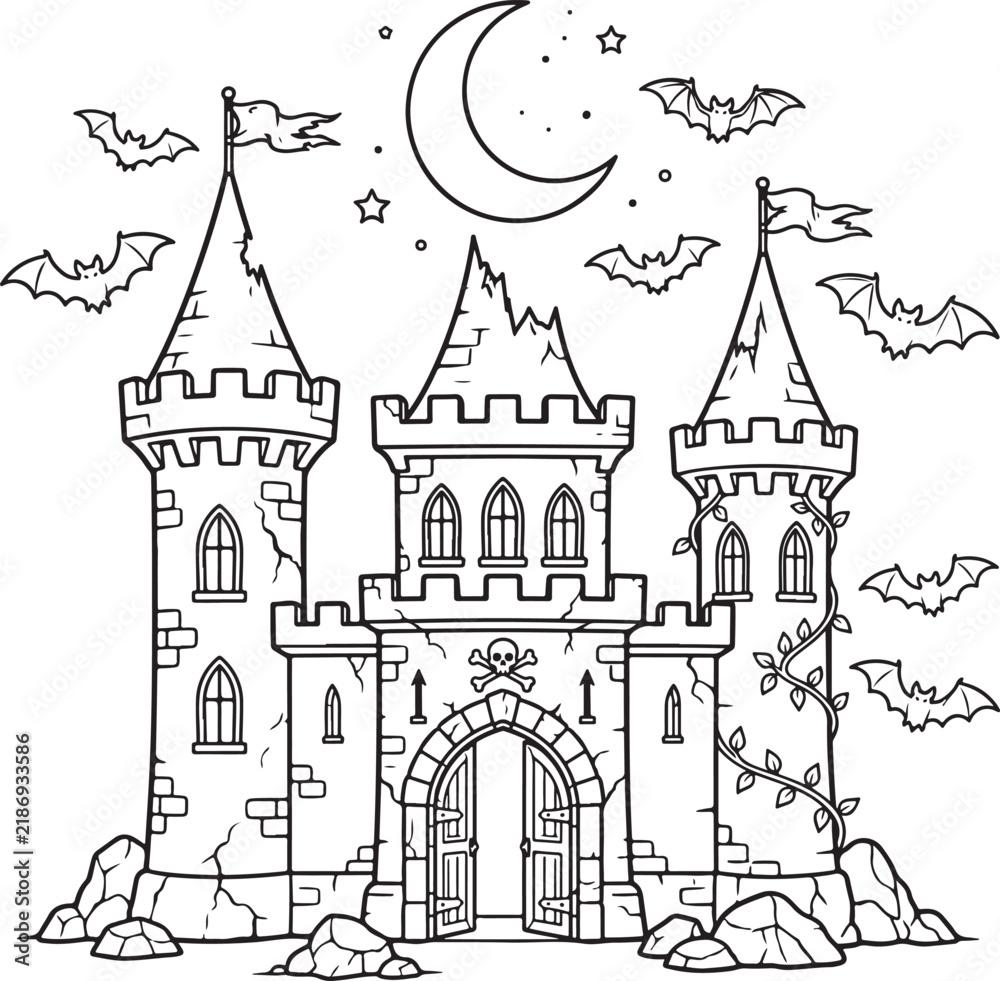 Obraz premium Black White Halloween Haunted Castle Outline Isolated For Kids Coloring Book Spooky Fantasy Cartoon Design