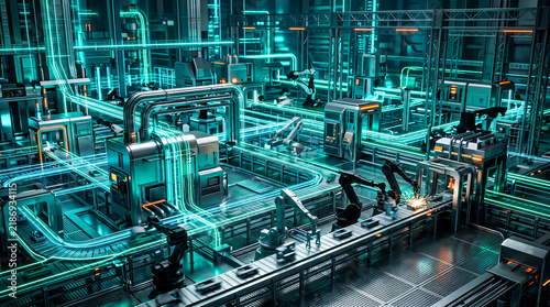 Abstract smart factory background with robotic modules and digital pathways