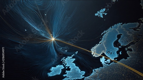 Contemporary Minimalist Data Visualization Depicting Ocean Currents and Their Impact on Europe with Intricate Flow Lines in a High-Definition Format