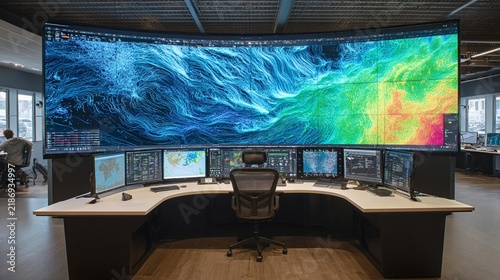 A modern oceanographic control room featuring a large, curved screen displaying vibrant ocean currents and temperature patterns, surrounded by multiple computer monitors for data analysis and visualiz