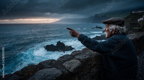 A wise old Azorean fisherman contemplating the ocean at dawn, pointing towards the horizon with a rugged coastline in the background, evoking a sense of nostalgia and timeless traditions of maritime l