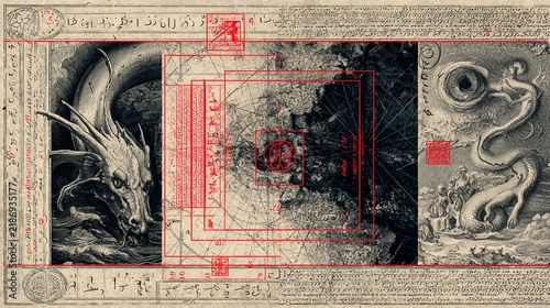 An intricate and powerful comparative visualization featuring mythical creatures, ancient maps, and esoteric symbols, unified in a striking composition conveying mystery and historical depth.