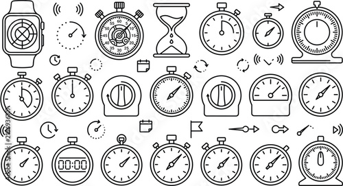 Fototapeta Time clock stopwatch line icon set vector elements for timer countdown measurement sport speed management dashboard interface schedule