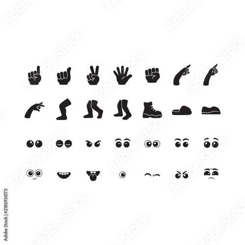 Collection of black silhouette hands feet eyes and mouths on white background
