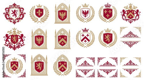 Heraldic Emblems, Crests, and Ornaments Isolated on Transparent Background