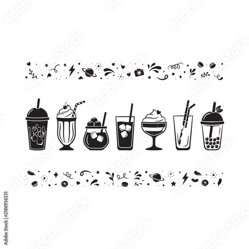 Variety of beverage silhouettes with celestial and botanical vector ornaments