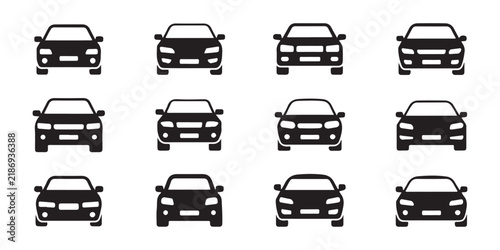 Automobile front view silhouette vector icon set representing fleet of personal passenger cars and sedans.