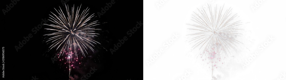 Fototapeta premium A vibrant firework display exploding in the night sky, featuring bright white trails and subtle pink sparks radiating outward in a beautiful celebratory pattern isolated on transparent background