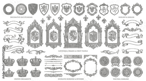 Heraldic Emblems, Crests, Crowns, Ribbons & Borders Vector Set
