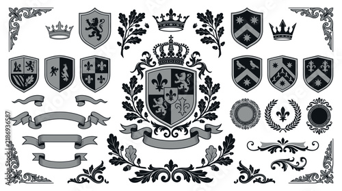 Heraldic Emblems, Crests, Crowns, Shields, Banners, Ornate Design Elements