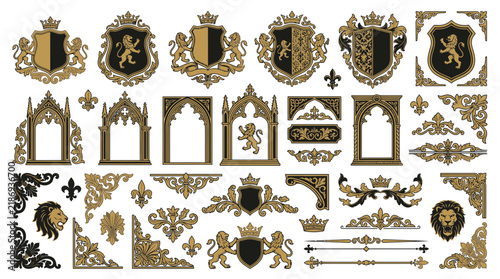 Heraldic Emblems, Crests, Lions, Crowns, Ornate Borders Isolated