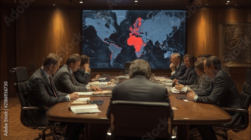 A modern wood-paneled boardroom filled with diverse business professionals engaged in strategic discussions, illuminated by a large world map display showcasing crucial global data, creating an atmosp
