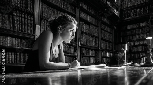 Focused Young Researcher Studying in a Historic Portuguese University Library Surrounded by Ancient Books and Dim Lighting