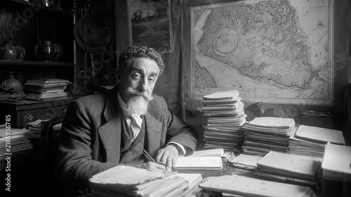 A historical ethnographer in a vintage study surrounded by stacks of papers, maps, and artifacts, capturing the essence of early 20th-century academic life with a thoughtful expression and warm lighti