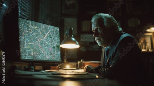 A thoughtful older man at a desk in a dimly lit office, deeply focused on a colorful city map displayed on a computer screen, surrounded by shelves filled with books and papers, evoking a mood of cont
