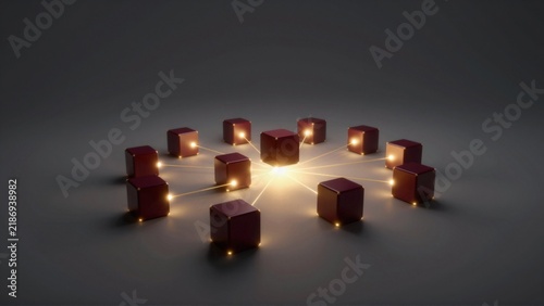 group small red cubes arranged circular pattern dark grey background cubes connected thin white lines form network like structure creating sense depth dimension light cubes shining through center