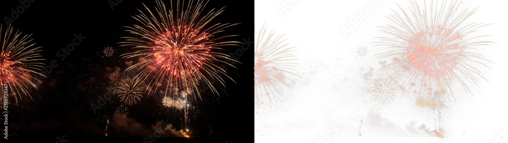 Obraz premium Vibrant fireworks display lighting up the night sky with brilliant red and golden sparks during a festive celebration isolated on transparent background