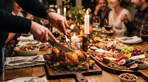Festive gathering with a lavish spread of food and wine enjoyed by a group of friends