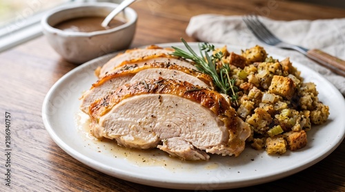 Sliced roasted pork loin with rosemary potatoes and gravy on a rustic wooden table