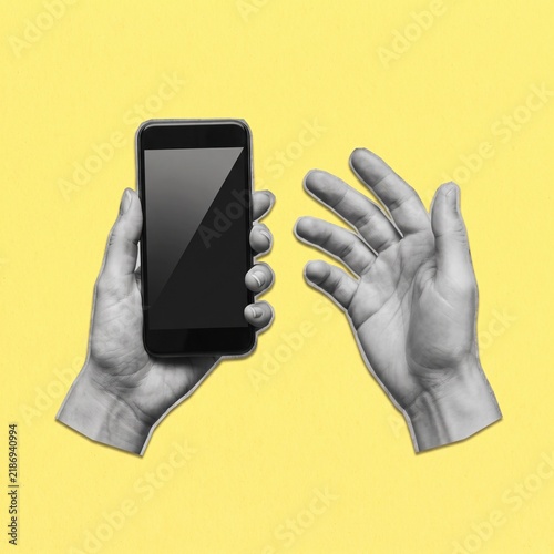 Hand holds a blank smartphone screen while another hand reaches toward it representing communication technology and digital connection concept. Collage art.
