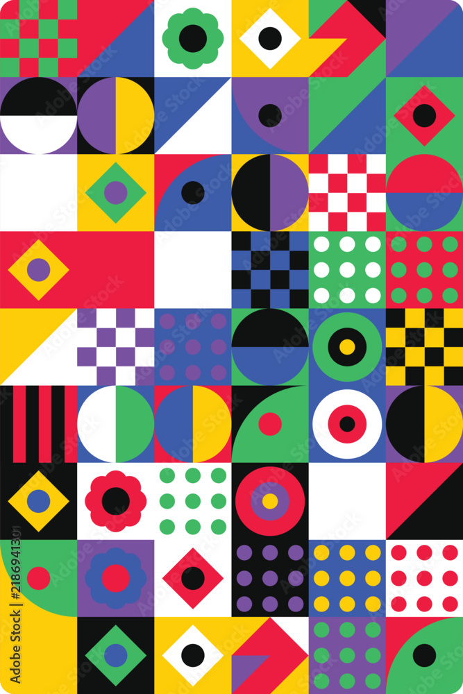 Obraz premium Colorful geometric abstract pattern with squares and circles in a grid layout Vector