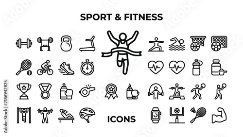 Sport and Fitness Icons: A comprehensive collection of line art icons representing various sports and fitness activities, including running, weightlifting, cycling, tennis, and more.