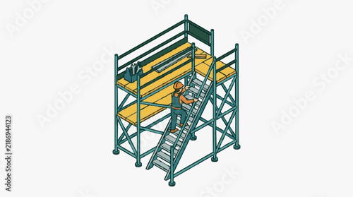 Industrial Worker Climbing Metal Scaffold with Yellow Platforms and Safety Gear in Warehouse Setting