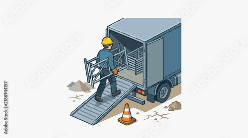 Industrial Worker Loading Materials from Blue Cargo Truck with Metal Ramp and Safety Cone with high quality professional line art symbols for modern creative design and digital branding projects