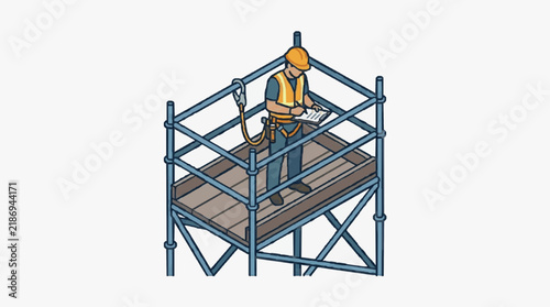 Industrial Worker on Multi Level Metal Scaffolding Platform Checking Documents with Safety Gear and Hard Hat