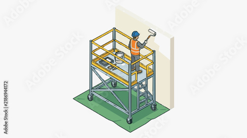 Industrial Worker Painting Wall Using Mobile Scaffold Platform with Safety Gear and Paint Roller