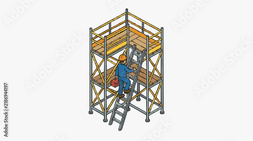 Industrial Worker Using Ladder on Multi Level Metal Scaffold Platform with Safety Gear and Toolbox
