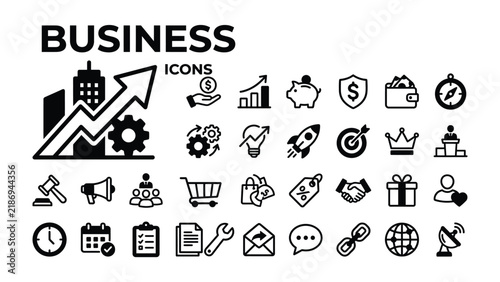 Diverse Business Icons Set: A comprehensive collection of black and white business icons, symbolizing growth, finance, strategy, and teamwork, presented on a clean backdrop.