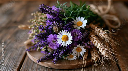 Seasonal garden bouquet with wheat, lavender and herbs for rustic home decor centerpiece and natural background for farmhouse arrangement and floral design