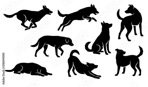 Active Dog Silhouette Collection Running Jumping Sitting and Walking Vector
