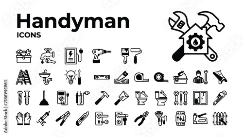 Handyman Icons and Tools: A comprehensive collection of line art icons representing various handyman tools and services, perfect for home repair, construction, and DIY projects.