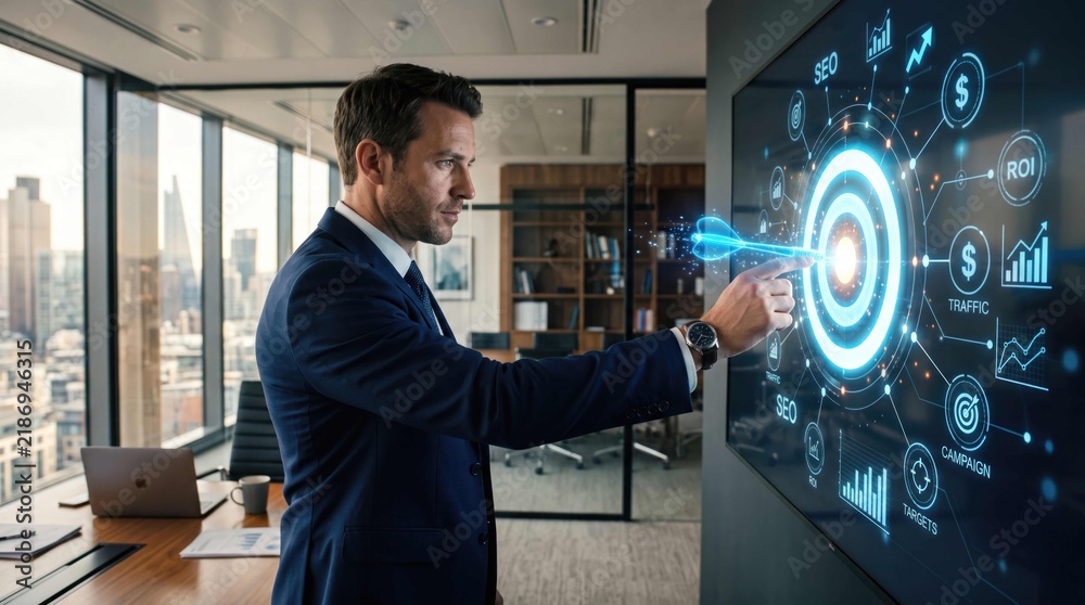 Fototapeta premium Businessman Interacting with Futuristic Digital Interface Displaying Financial Data and Target.