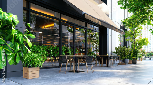 Modern outdoor cafe with green plants, wooden furniture, and large glass windows, creating welcoming atmosphere for patrons