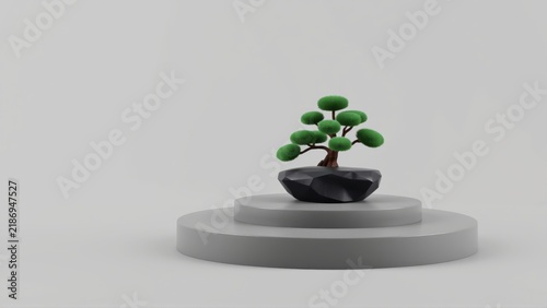 Minimalist bonsai tree presentation. Gray platform supports small green plant. Simple studio lighting creates clean aesthetic.